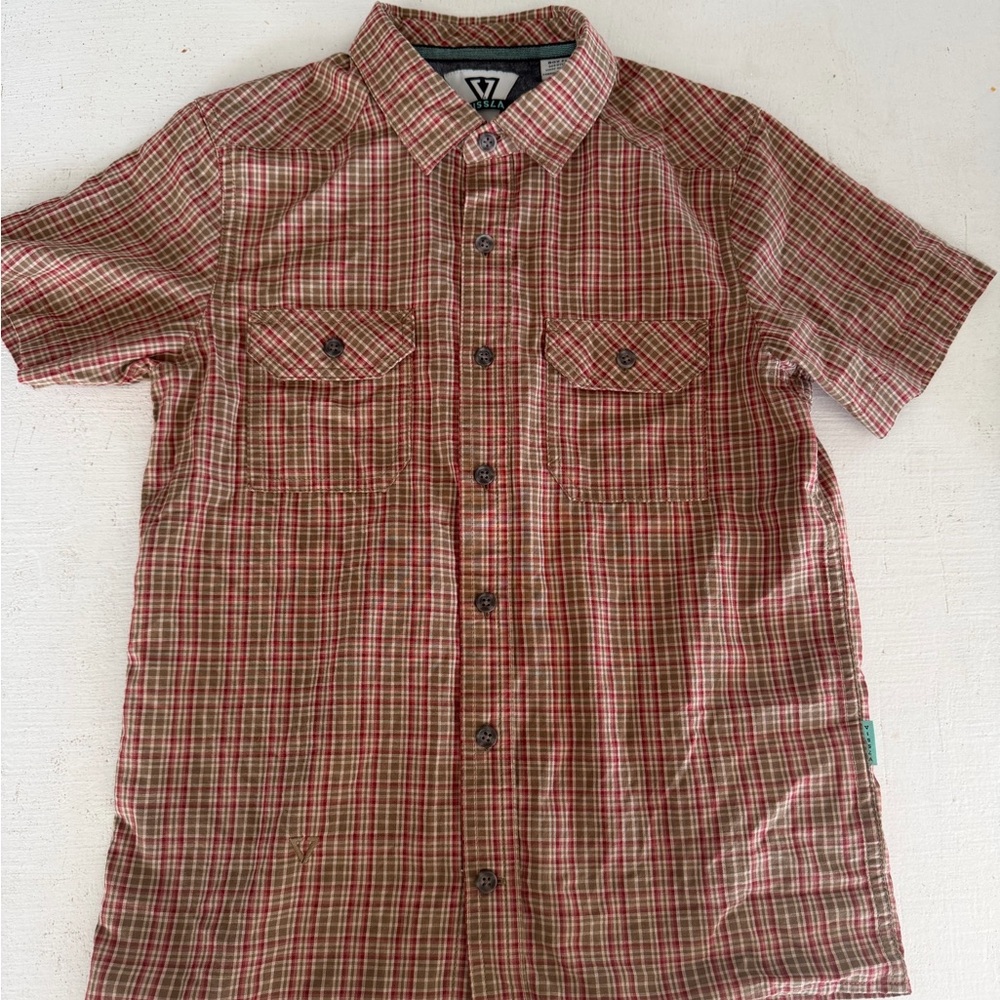 VISSLA Red and Green Plaid Kids Button Down Shirt